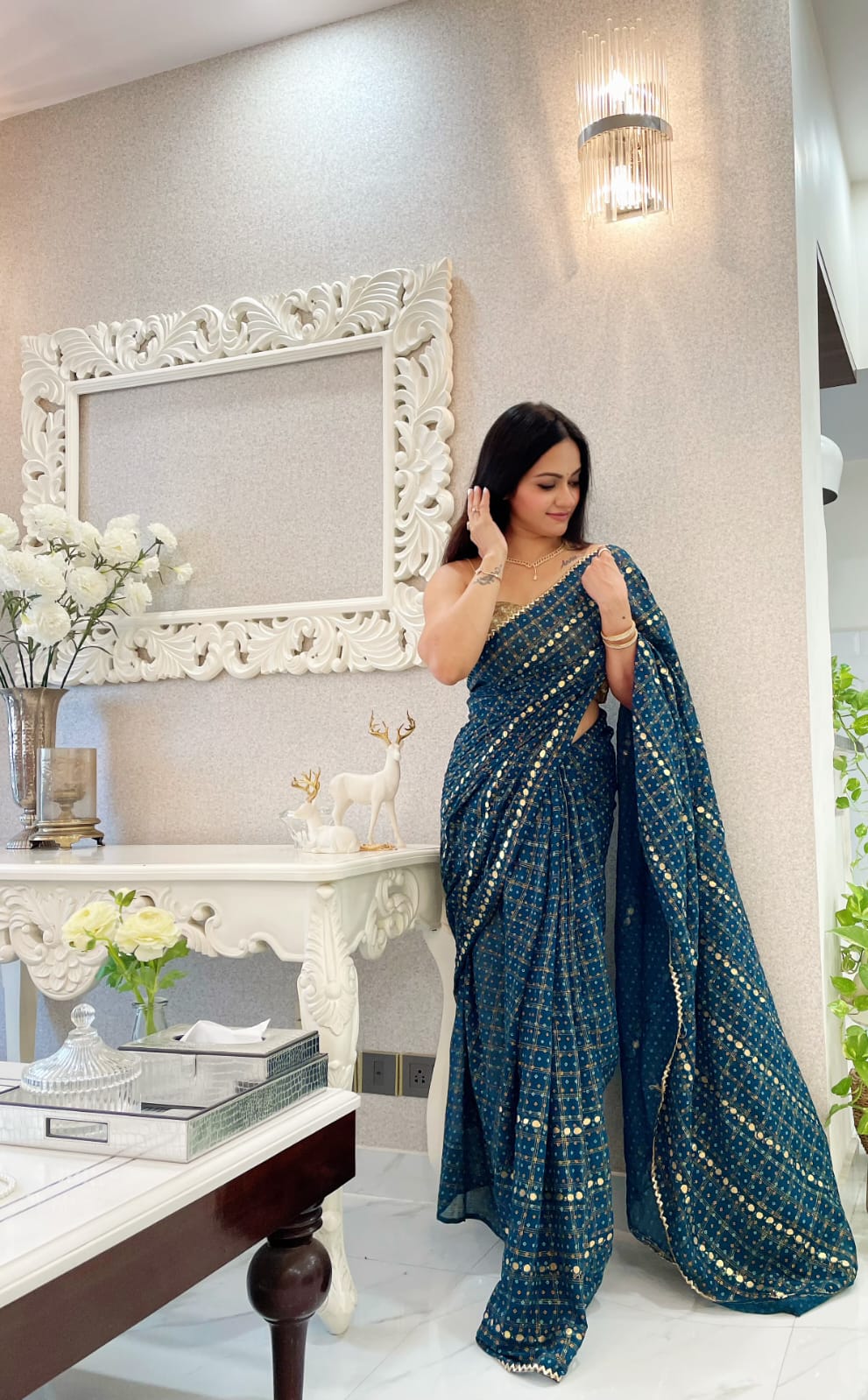 Baby Pink handwoven linen saree with silver tissue mirror work border