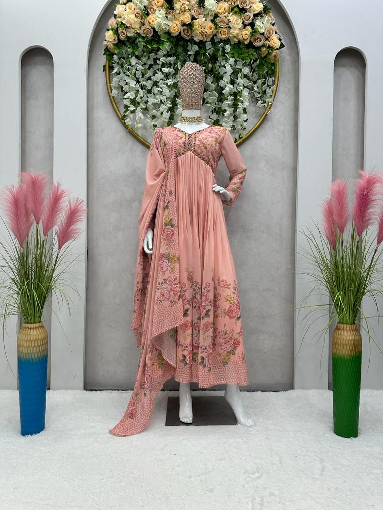 Classic Flower Design Peach Color Long Anarkali Gown