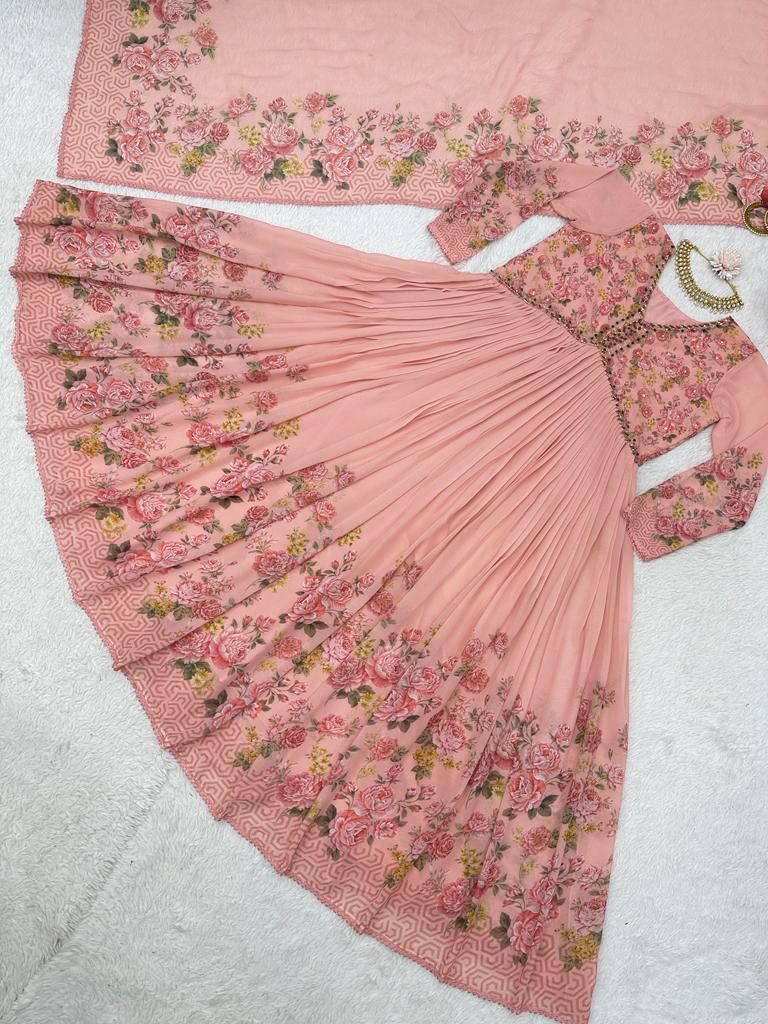 Classic Flower Design Peach Color Long Anarkali Gown