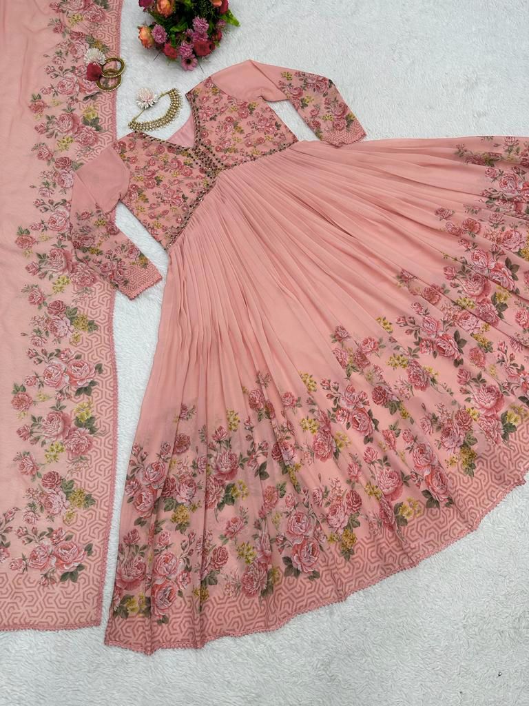 Classic Flower Design Peach Color Long Anarkali Gown