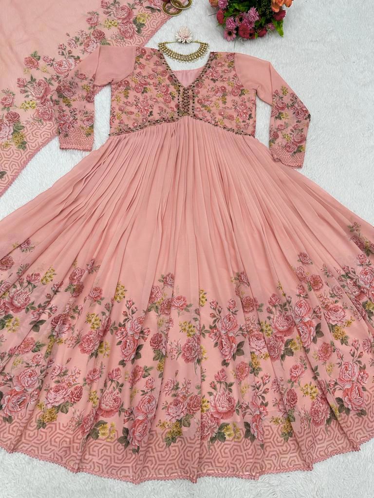 Classic Flower Design Peach Color Long Anarkali Gown