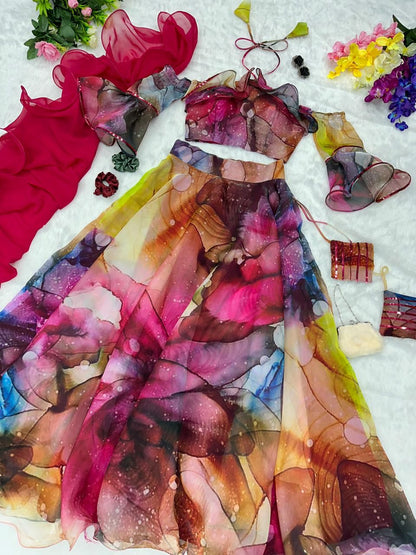 Multi Color Organza Silk Fully Stitched Lehenga Choli