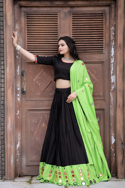 Real Mirror Work  Parrot Green With Black Lehenga Choli