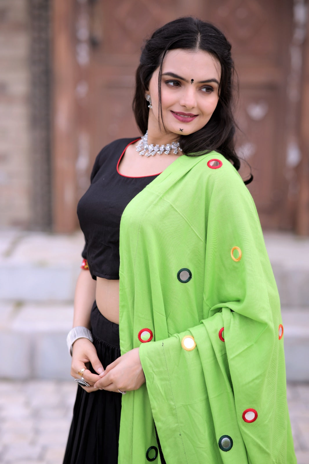 Real Mirror Work  Parrot Green With Black Lehenga Choli