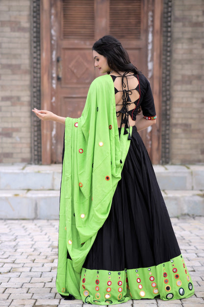 Real Mirror Work  Parrot Green With Black Lehenga Choli