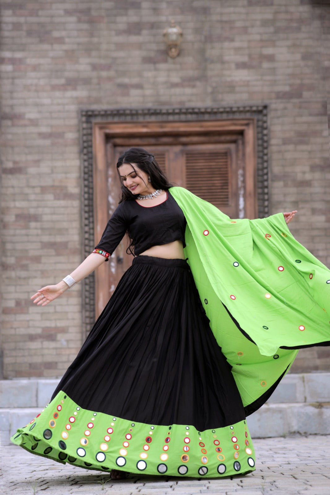 Real Mirror Work  Parrot Green With Black Lehenga Choli