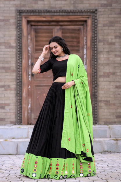 Real Mirror Work  Parrot Green With Black Lehenga Choli