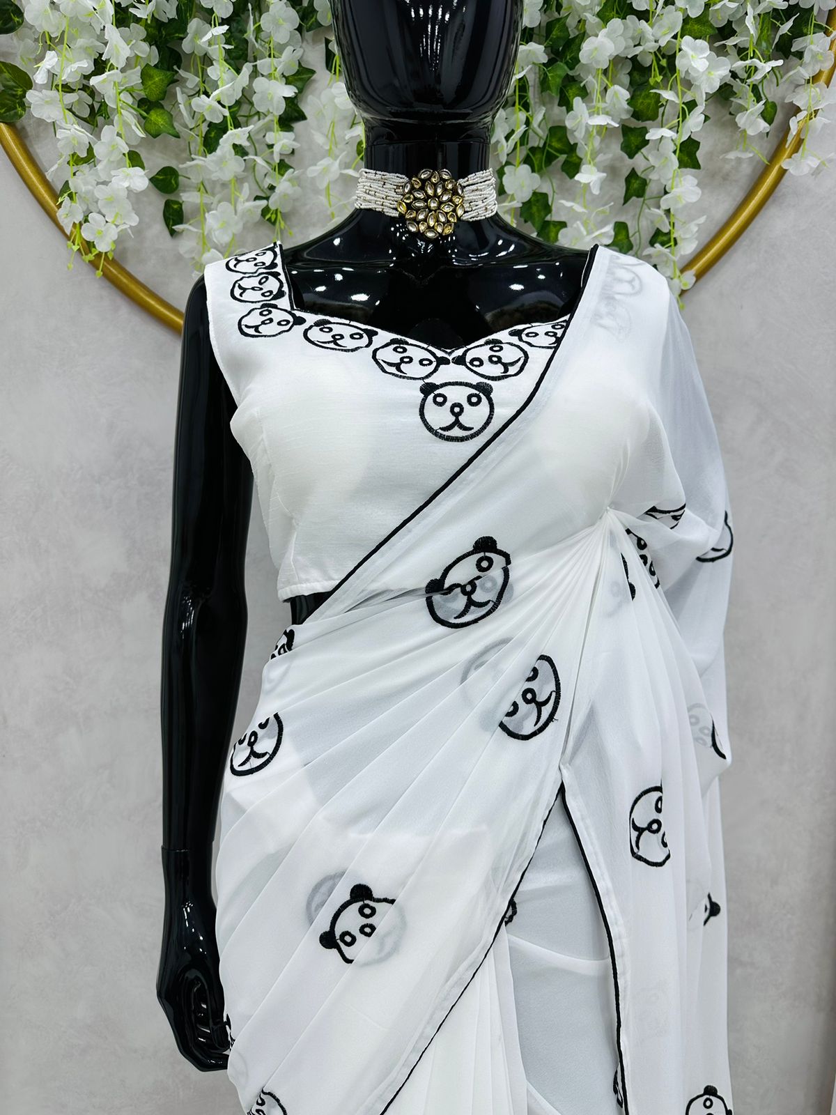 Panda Design Printed White Color Saree
