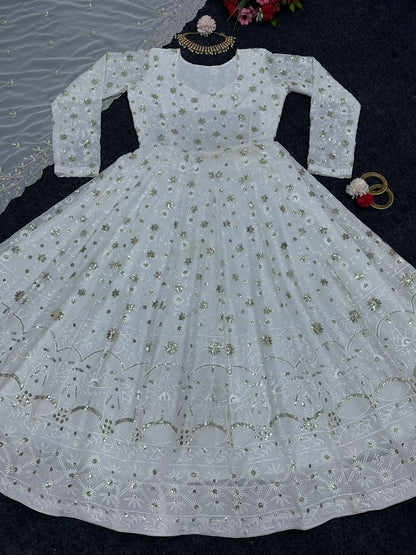 Pretty White Color Sequence Work Anarkali Gown