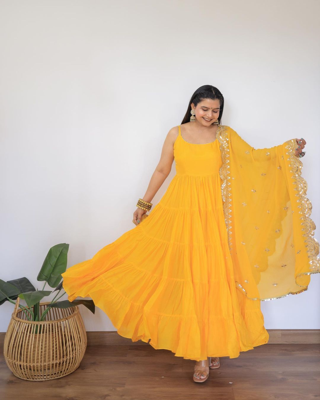 Beautiful Yellow Color Ruffle Flair Anarkali Gown