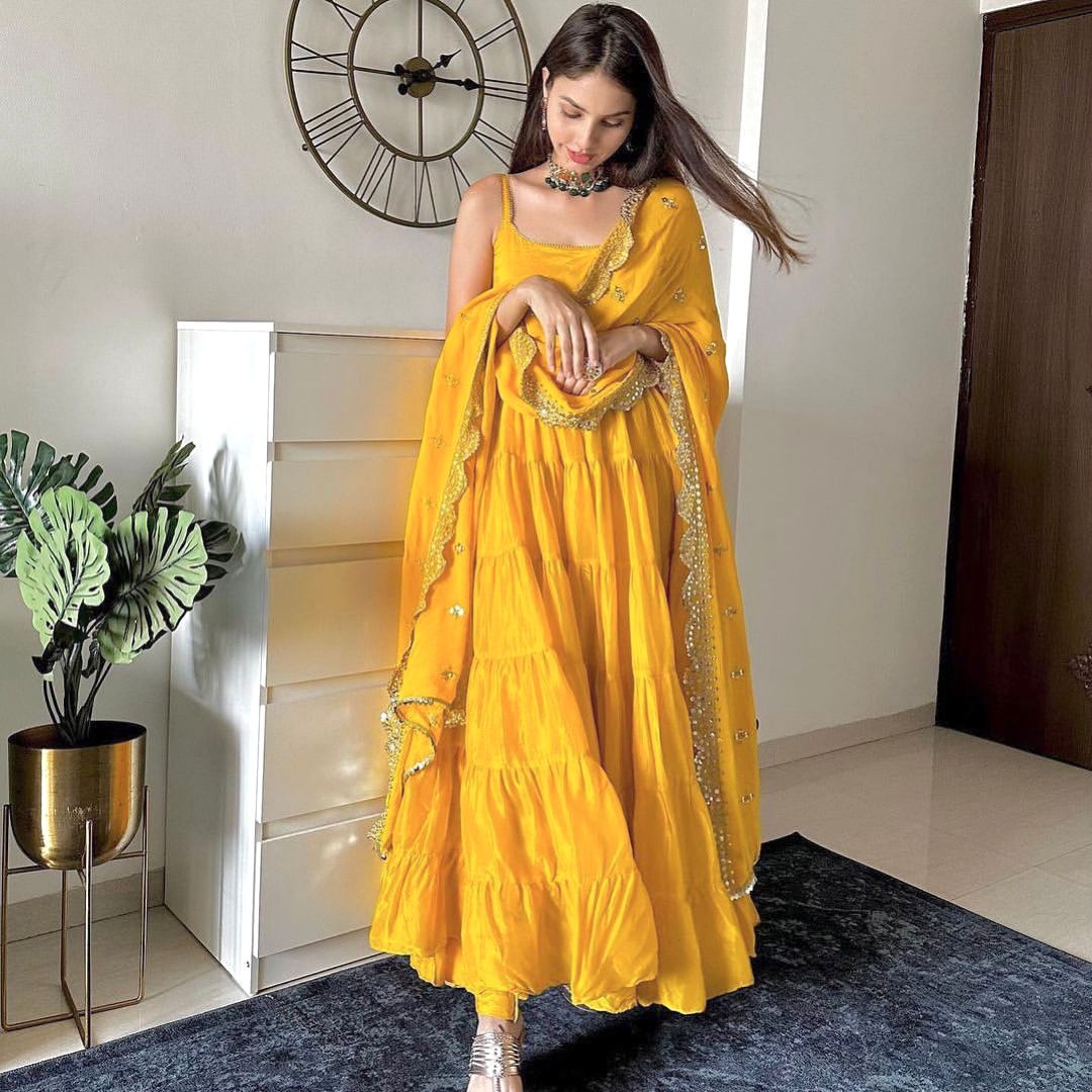 Beautiful Yellow Color Ruffle Flair Anarkali Gown