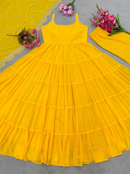 Beautiful Yellow Color Ruffle Flair Anarkali Gown
