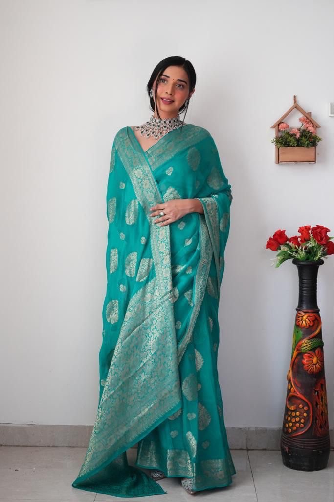 Beautiful Jacquard Border Teal Blue Ready To Wear Saree