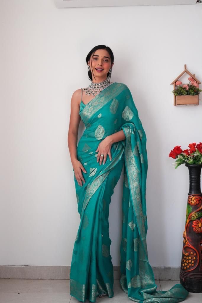 Beautiful Jacquard Border Teal Blue Ready To Wear Saree