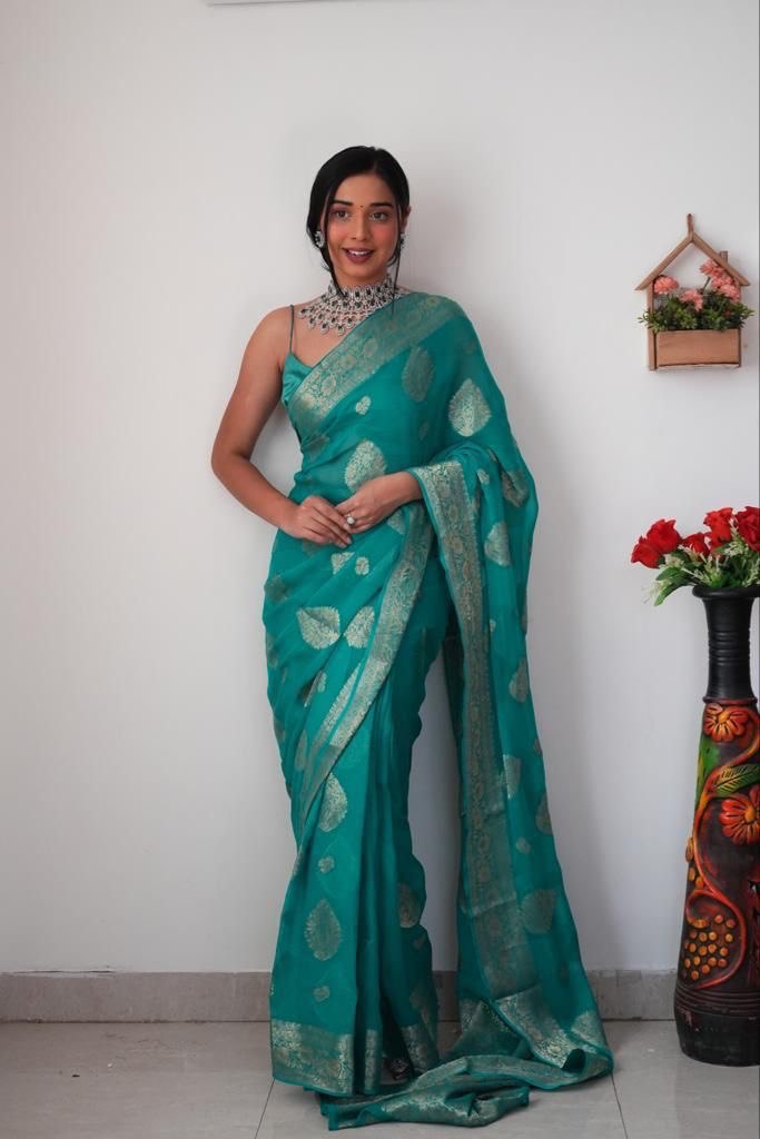 Beautiful Jacquard Border Teal Blue Ready To Wear Saree