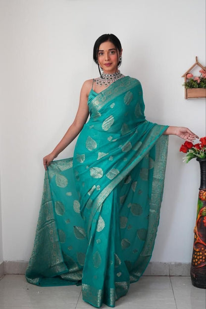 Beautiful Jacquard Border Teal Blue Ready To Wear Saree