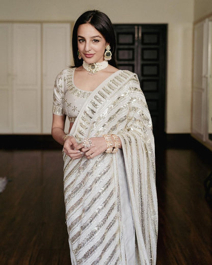 Pretty Sequins Embroidery Work White Color Saree