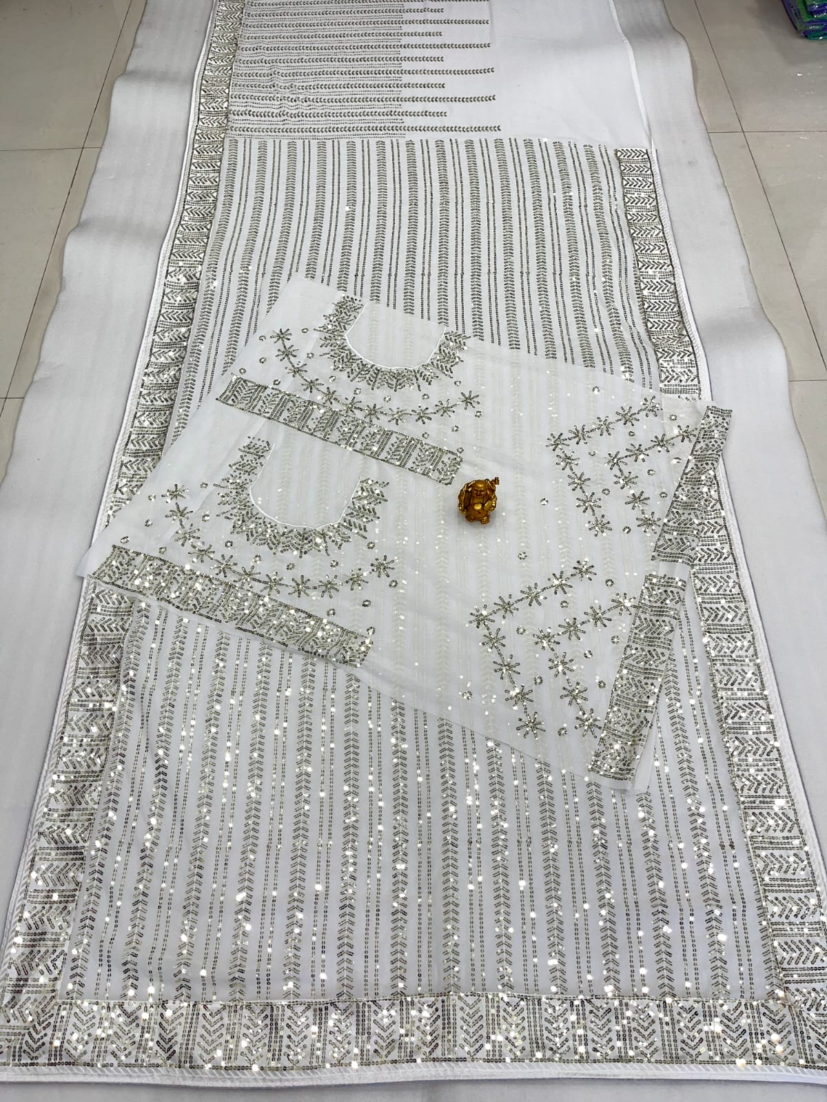 Pretty Sequins Embroidery Work White Color Saree