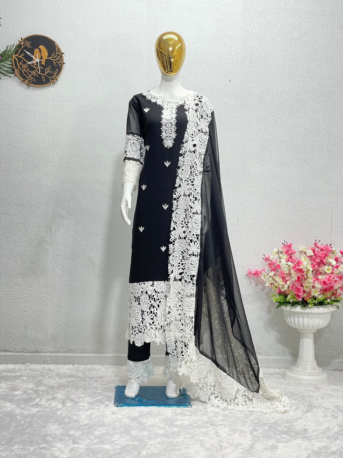 Awesome Black Color Chine Stitch Work Kurti Set