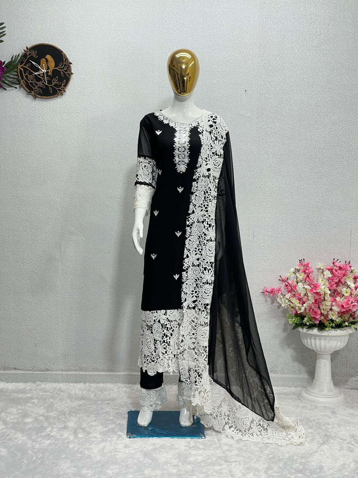 Awesome Black Color Chine Stitch Work Kurti Set