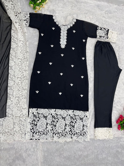 Awesome Black Color Chine Stitch Work Kurti Set