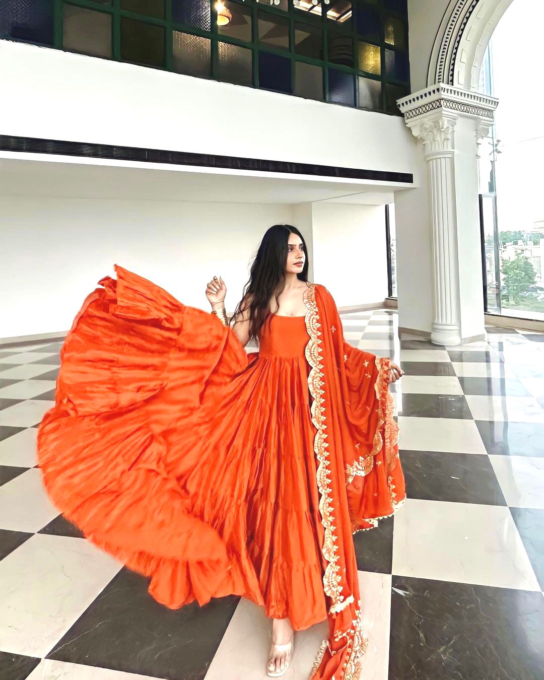 Beautiful Orange Color Ruffle Flair Anarkali Gown