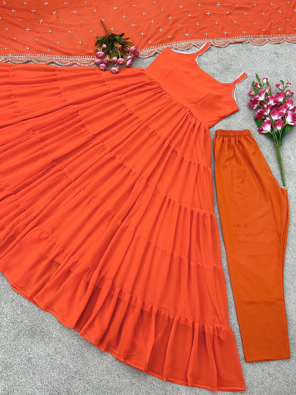 Beautiful Orange Color Ruffle Flair Anarkali Gown