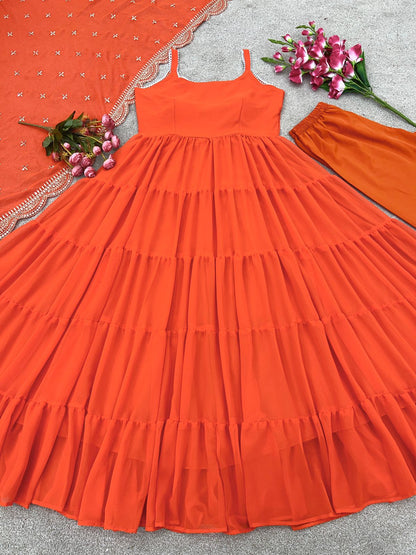 Beautiful Orange Color Ruffle Flair Anarkali Gown