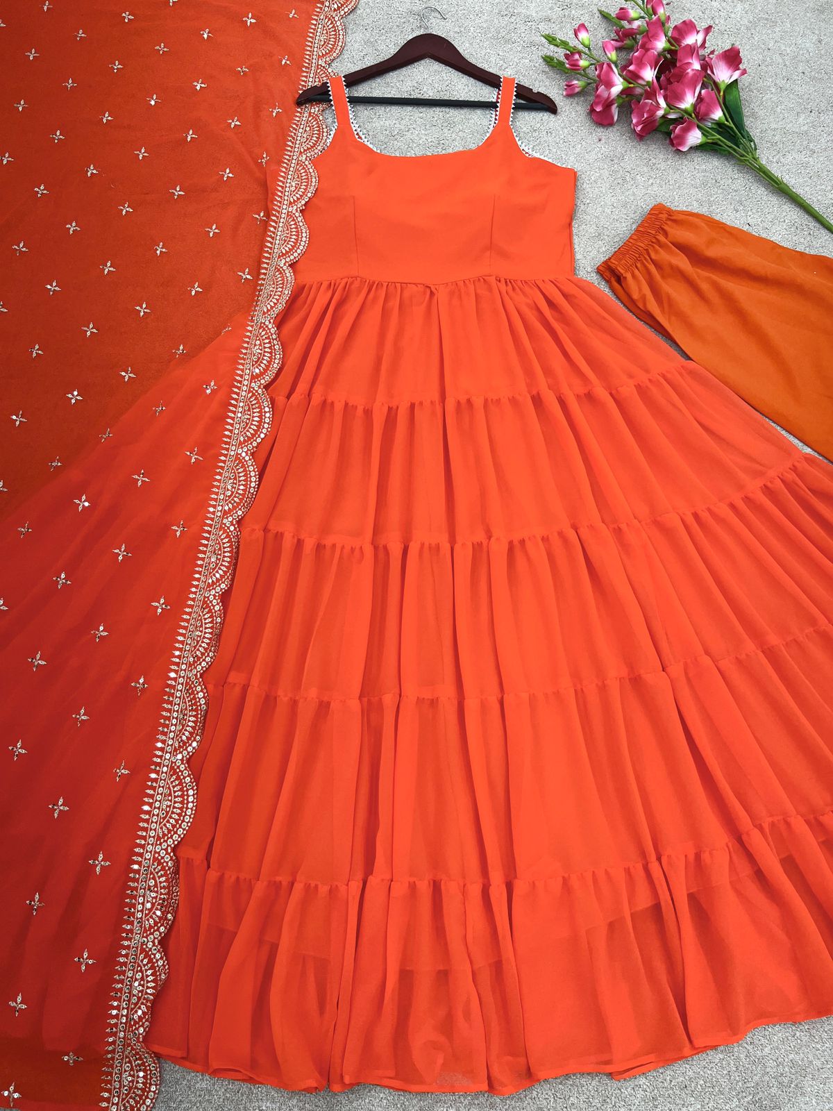 Beautiful Orange Color Ruffle Flair Anarkali Gown