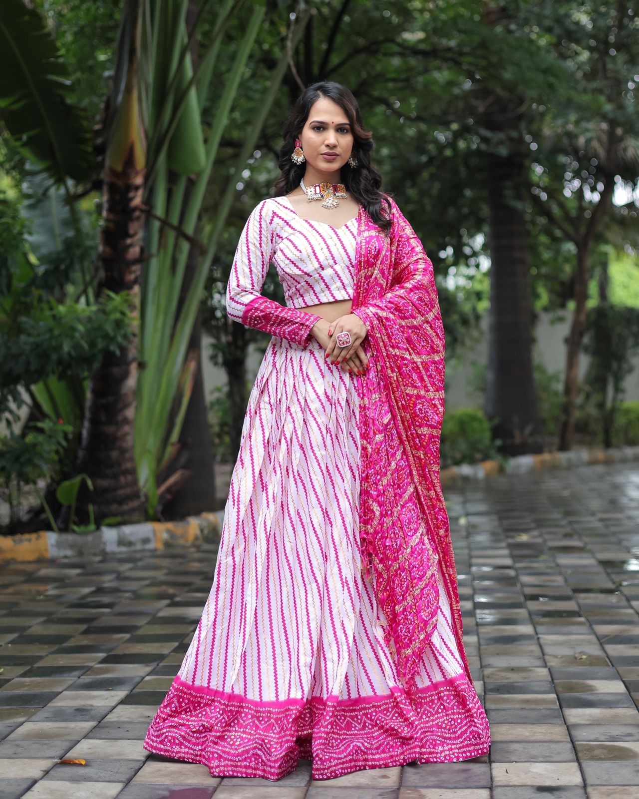 Attractive Foil Print Pink Color Navratri lehenga Choli