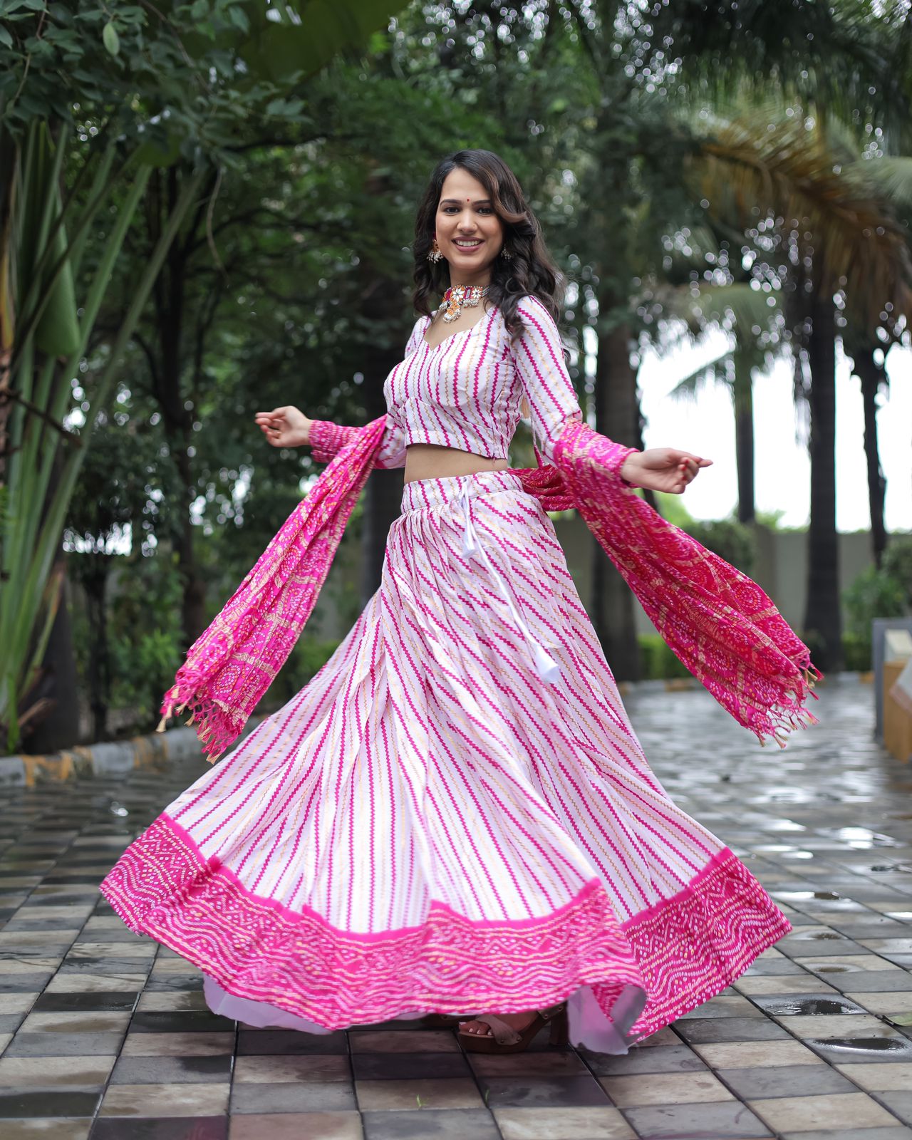 Attractive Foil Print Pink Color Navratri lehenga Choli