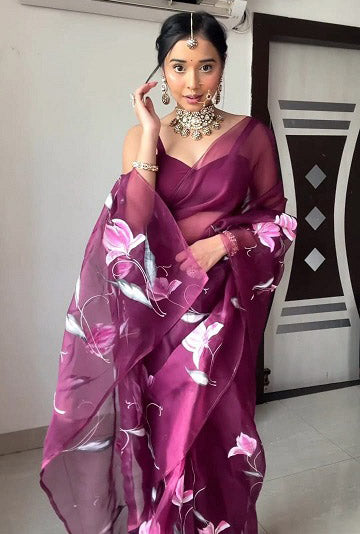 Organza Silk Ready To Wear Wine Color Saree