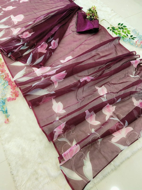 Organza Silk Ready To Wear Wine Color Saree