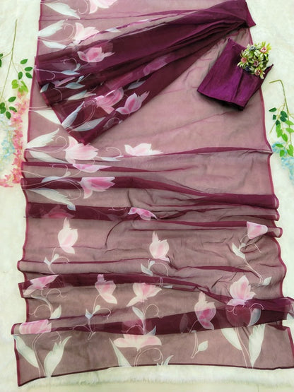 Organza Silk Ready To Wear Wine Color Saree