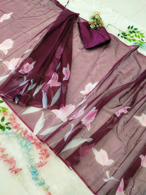 Organza Silk Ready To Wear Wine Color Saree