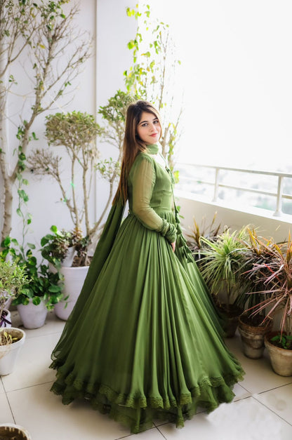 Exclusive Lace Work Green Color Long Gown