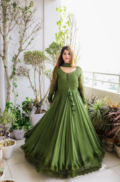 Exclusive Lace Work Green Color Long Gown