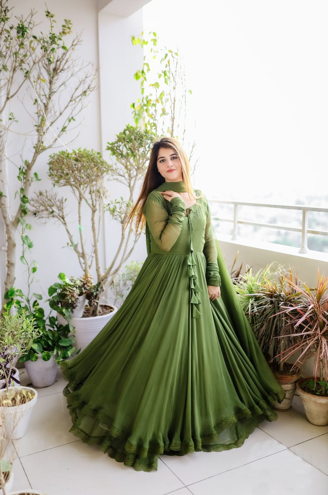 Exclusive Lace Work Green Color Long Gown