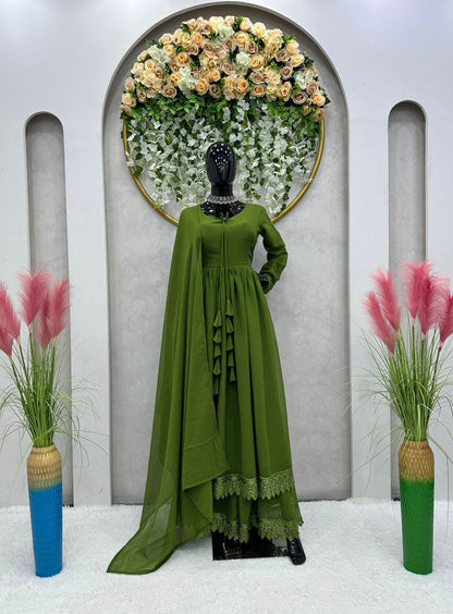 Exclusive Lace Work Green Color Long Gown