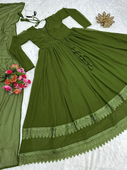 Exclusive Lace Work Green Color Long Gown