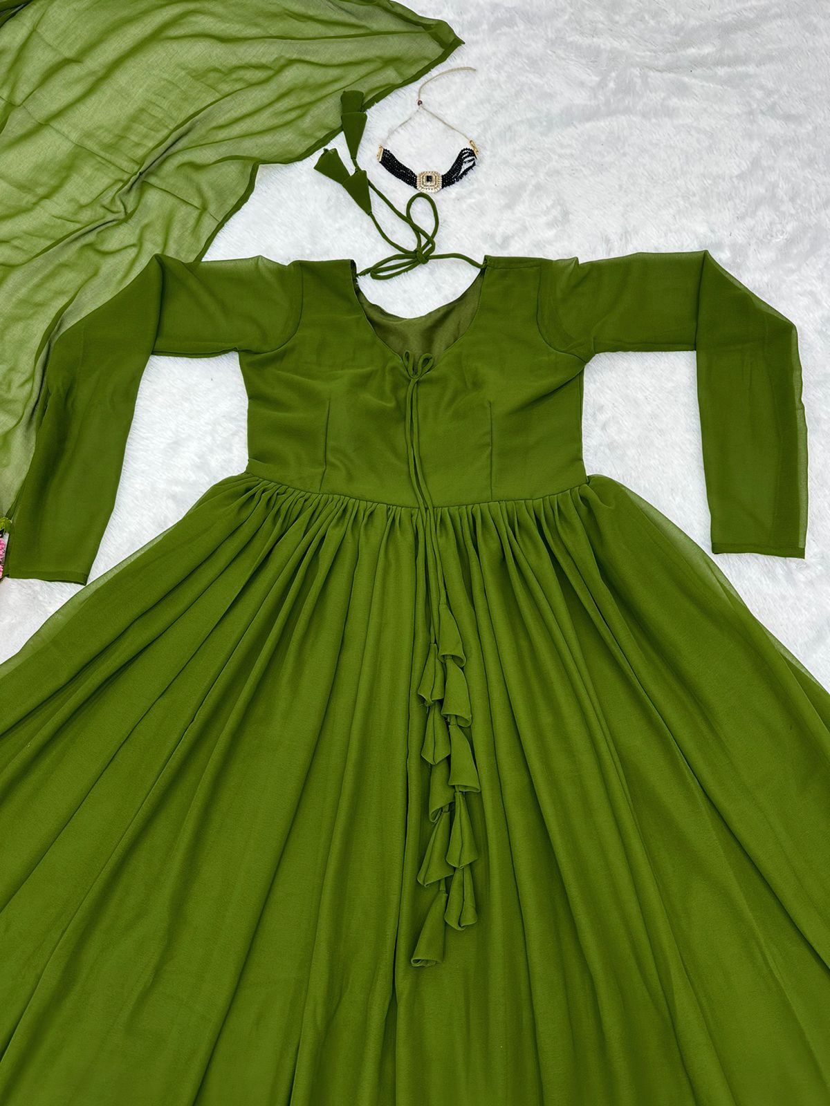 Exclusive Lace Work Green Color Long Gown