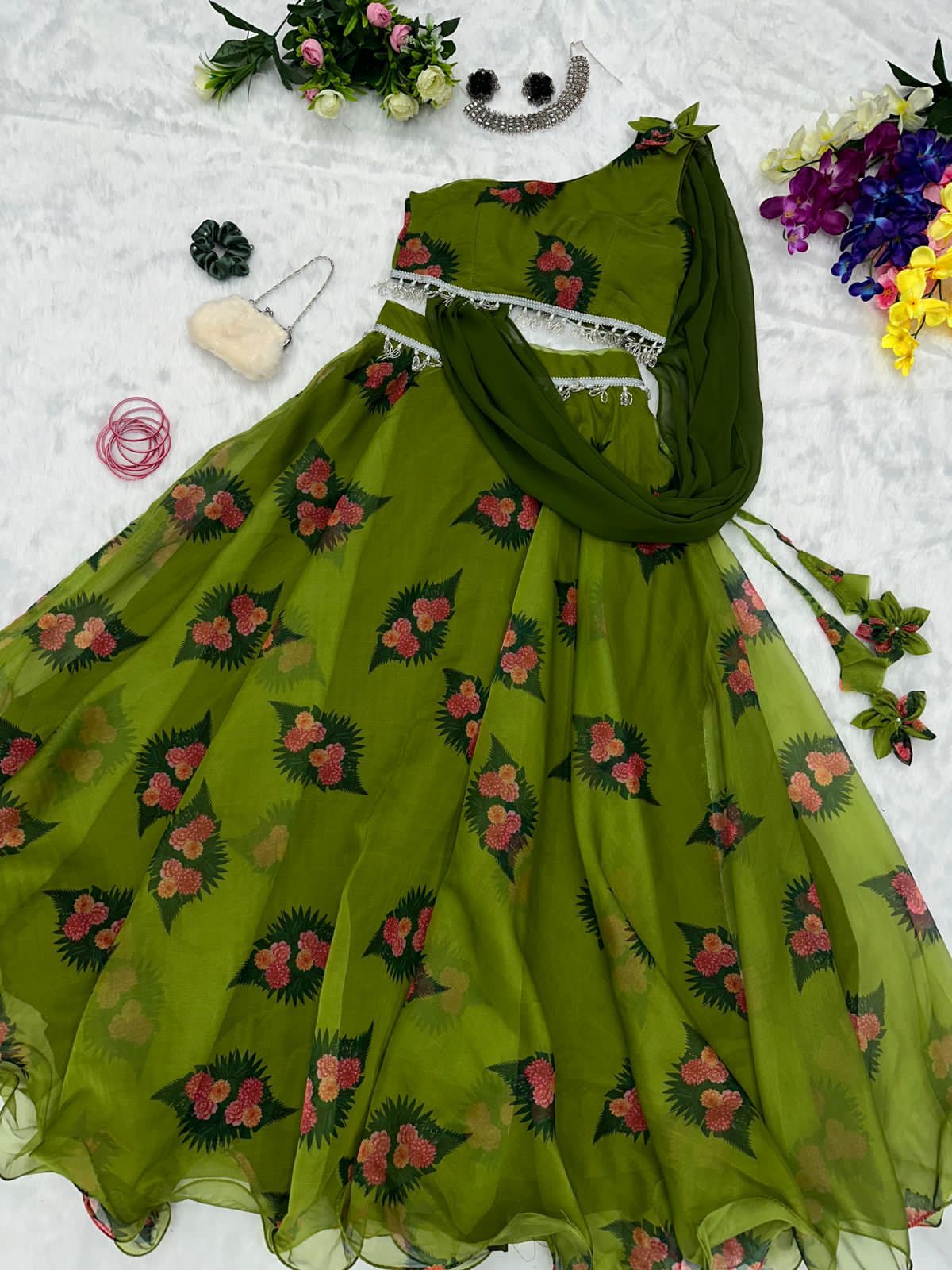 Lovely Organza Silk Green Color Lehenga With Stylish Blouse