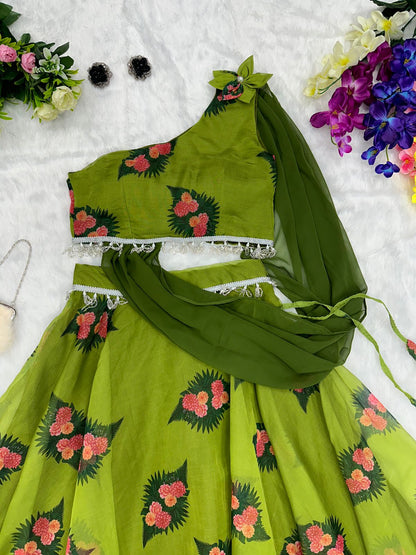 Lovely Organza Silk Green Color Lehenga With Stylish Blouse