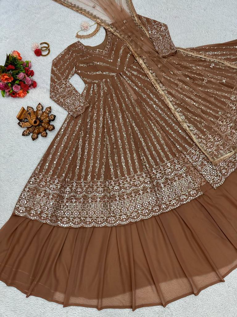 Wonderful Sequence Work Brown Color Top With Lehenga