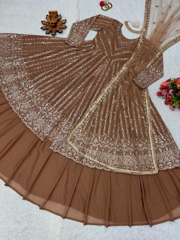 Wonderful Sequence Work Brown Color Top With Lehenga