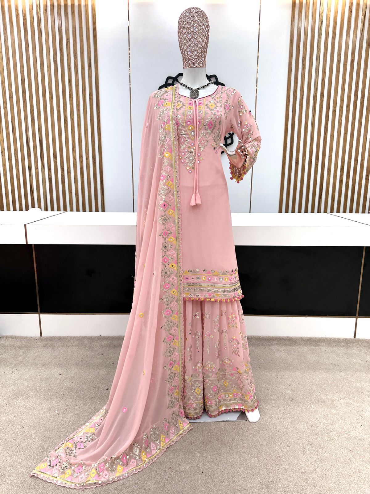 Embellished Sequence Work Pink Color Sharara Suit