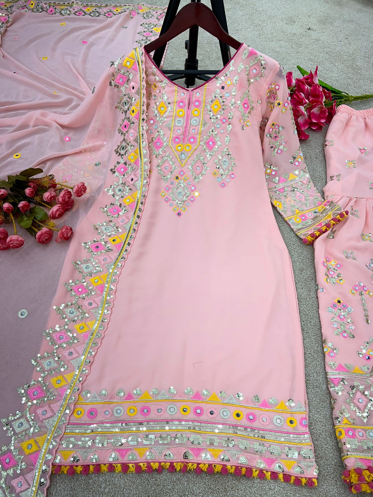 Embellished Sequence Work Pink Color Sharara Suit