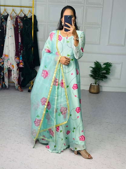 Attractive Sky Blue Color Long Gown With Dupatta