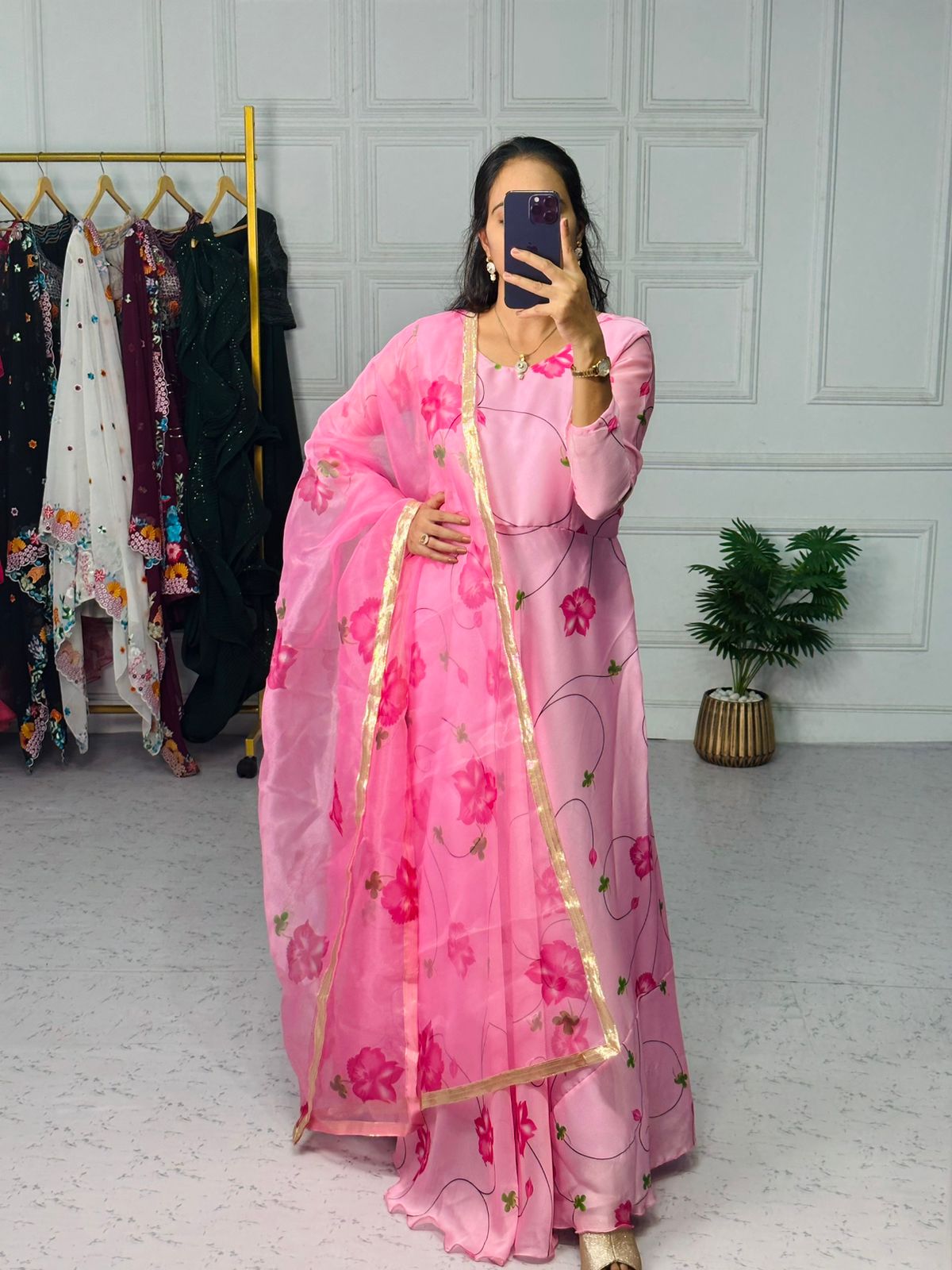 Attractive Pink Color Long Gown With Dupatta