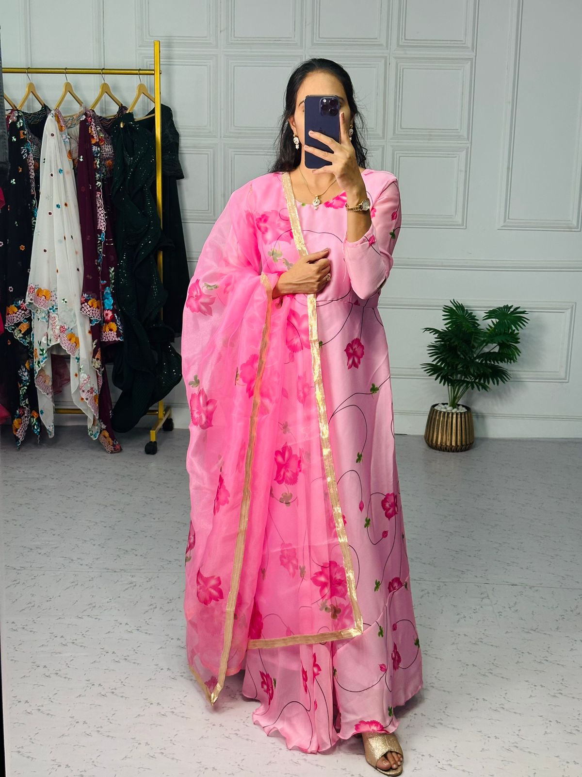 Attractive Pink Color Long Gown With Dupatta